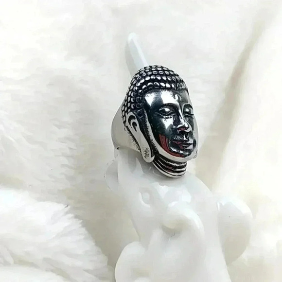 Unisex Silver Buddha Ring Stainless Steel Hypoallergenic Statement Ring - Picture 2 of 9